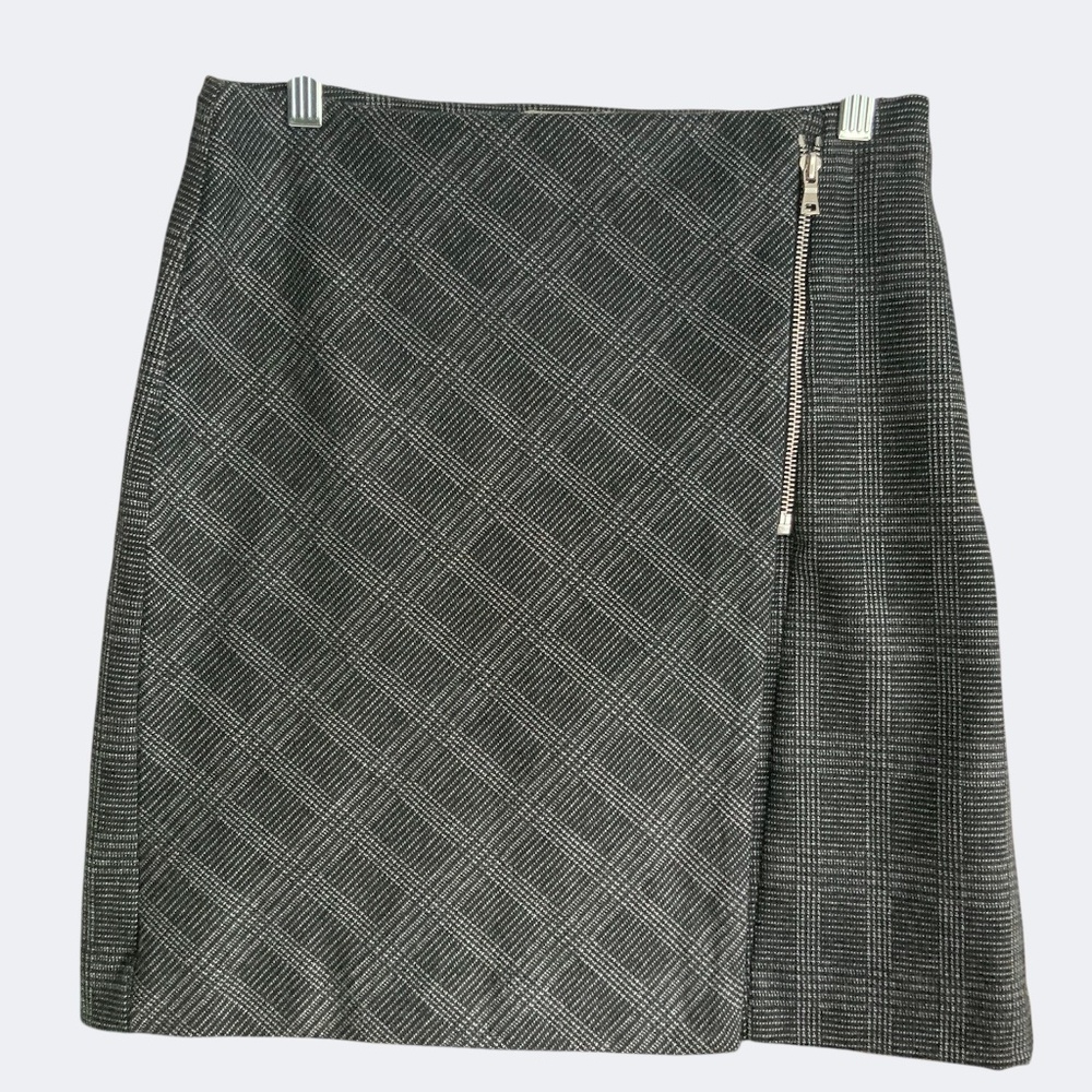 Loft Grey White Plaid Knit Faux Wrap Short Skirt SZ 4P